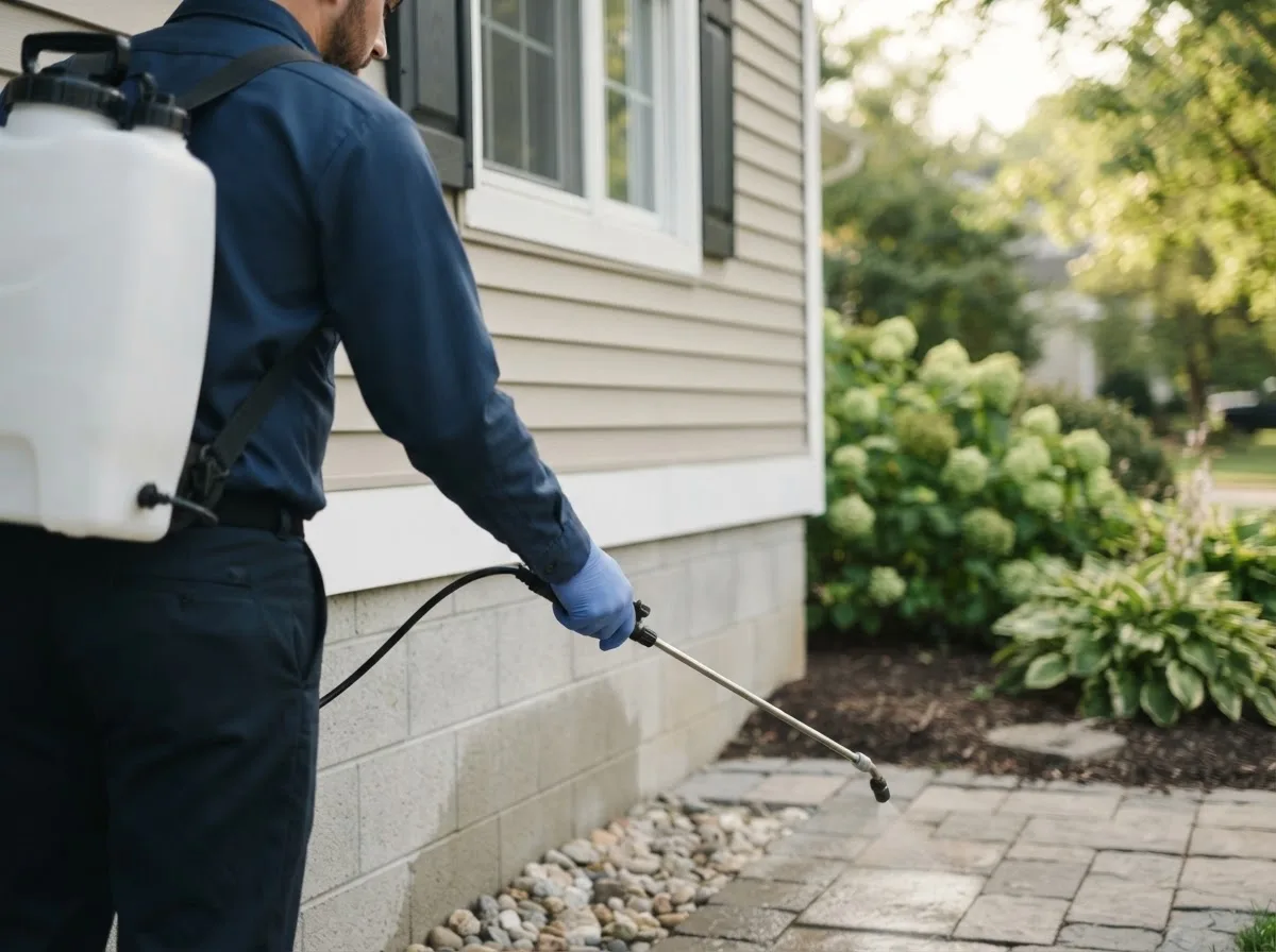 Pest control technician inspecting a home in Franklin, MO